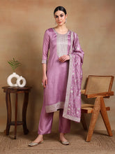 Women Lavender Silk Blend Embroidered Straight Kurta Pant Set With Dupatta-PKSKD1898D